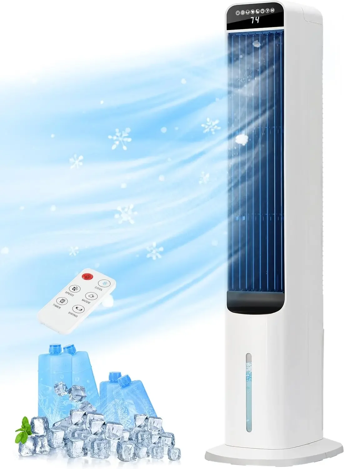 Swamp Cooler, Evaporative Air Cooler With 4 Ice Packs And Remote, 80° Oscillation 3 Speeds 3 Modes, Cooling Fan That