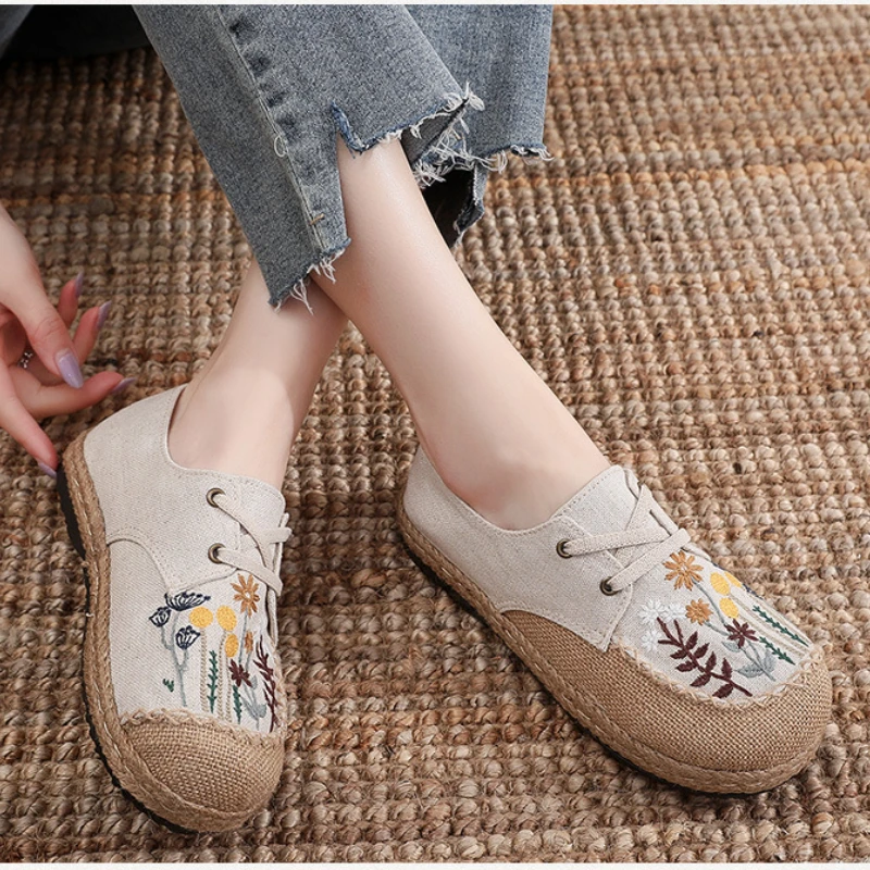 Women\'s Embroidered Linen Shoes New Ethnic Style Non-slip Comfort Loafers Flowers Thick Bottom Lace Up Flats Sapato Femininas