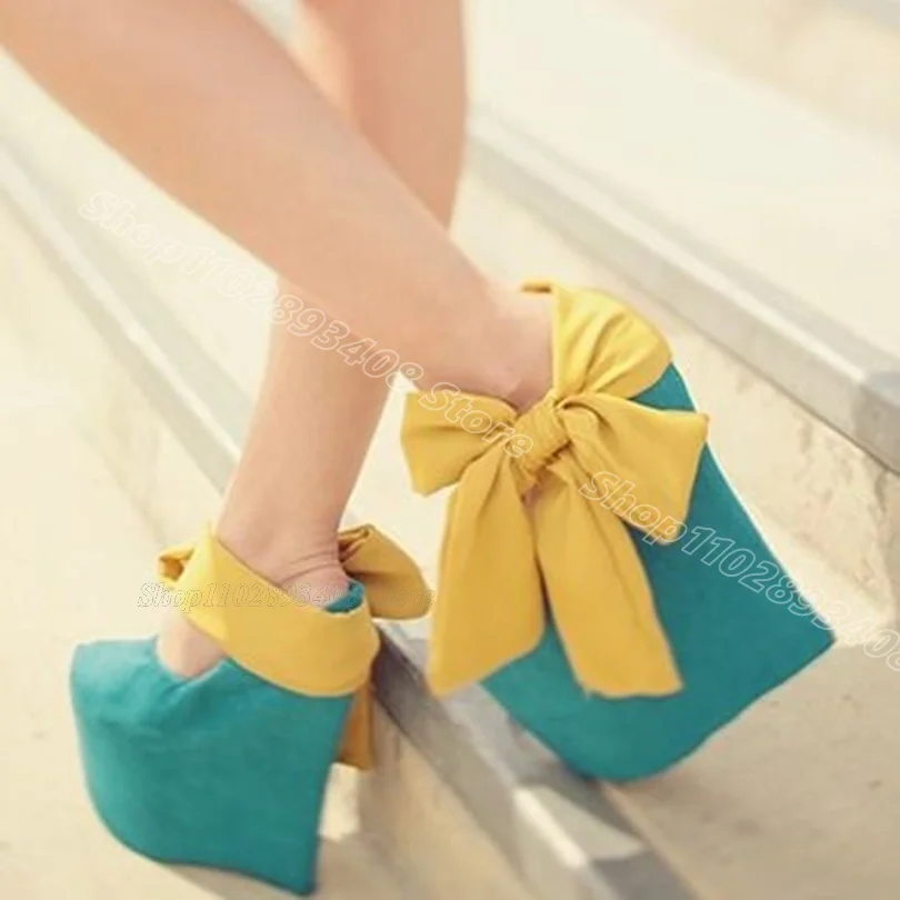 

Green Bowknot Decor Platform Pumps Round Toe Flock Solid Wedges Heels British Style Casual Women Shoes 2024 Zapatos Para Mujere