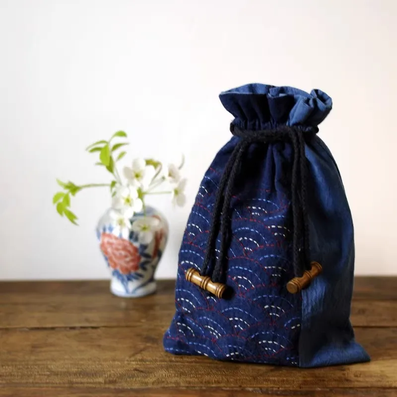 

Chinese Style Sashiko Drawstring Bag DIY Kit, Embroidery Sewing Craft Supplies for Beginners Adults 19x26 cm