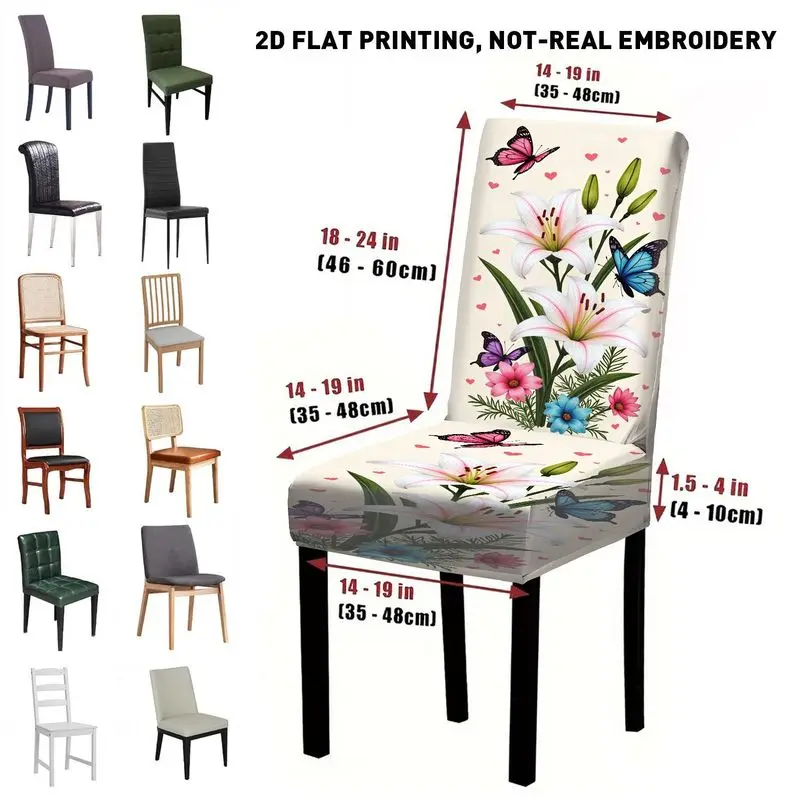 4/6PC dining chair cover, Parsons chair cover, romantic lily butterfly flower pattern chair cover, elastic
