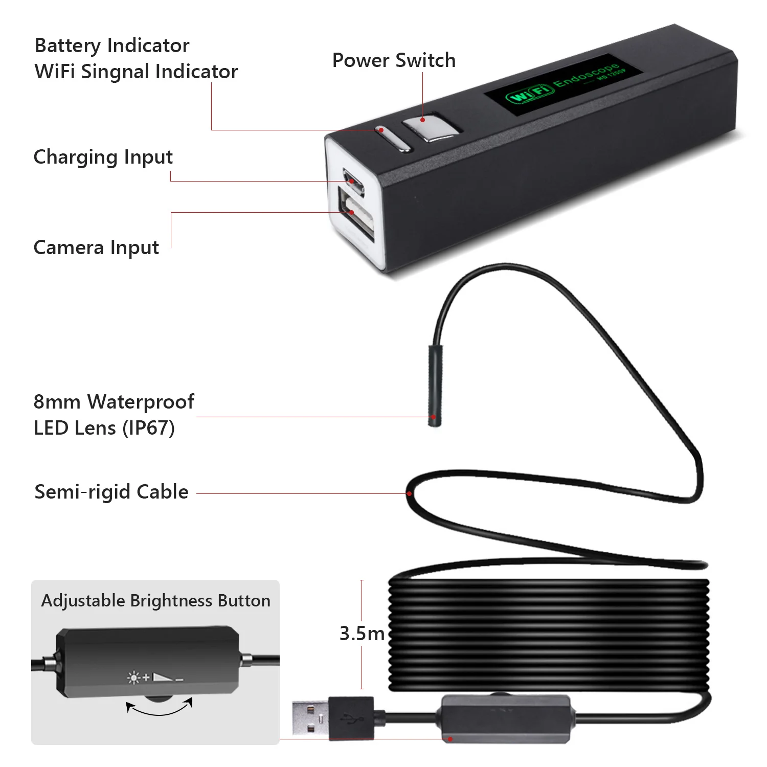 WiFi Endoscope Camera for Android and iOS Smartphones, 1200P HD with 8 LED Lights, Professional Inspection Tool