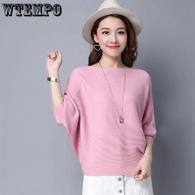 Purple Bat Sleeves Pullover Slash Neck Sweater Knitted Coat Women\'s Loose Short Top Knitwear Jumper Commuting Spring Autumn