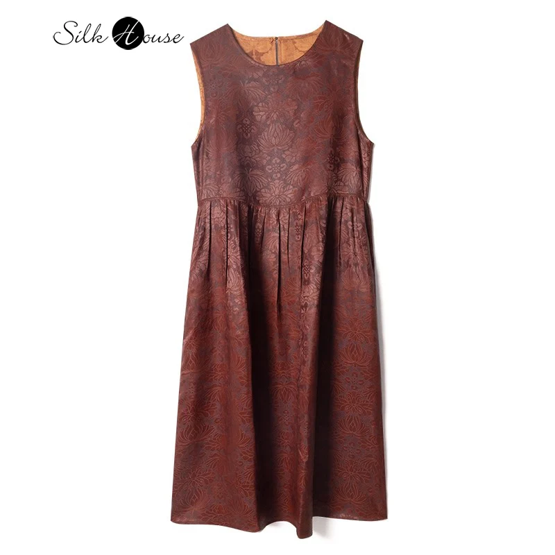 

2025 Women's Fashion Summer New Round Neck Buddha Hand Lotus Print 100% Natural Mulberry Silk Red Cloud Yarn Tank Top Dress