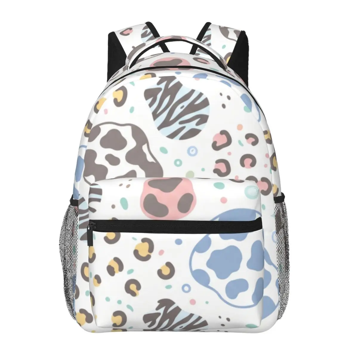 Soft Aesthetic Student Backpack Tossed Cow Spot Leopard Rosette Cute Kawaii Light Ground Sweet Bookbag for Girls Teens Daily Men