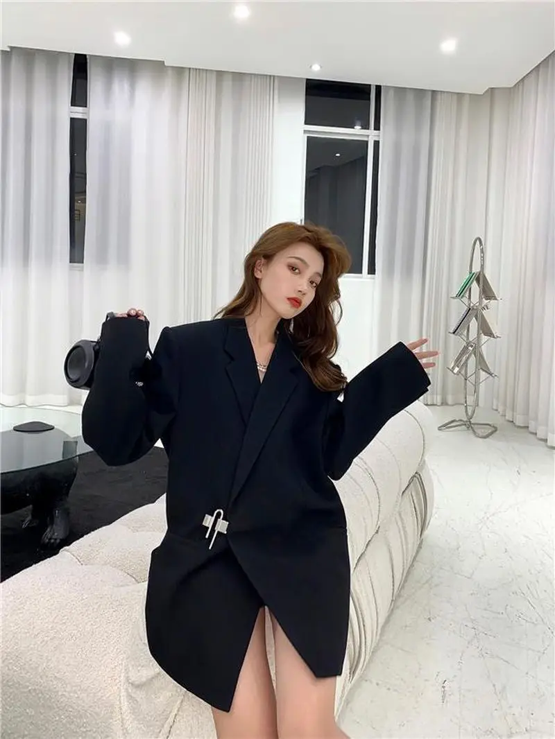 Woman 2022 Loose Long Black Blazer Dress Women Blazers Jackets Suits Jacket Party Formal Wear Solid Notched Street Style Punk