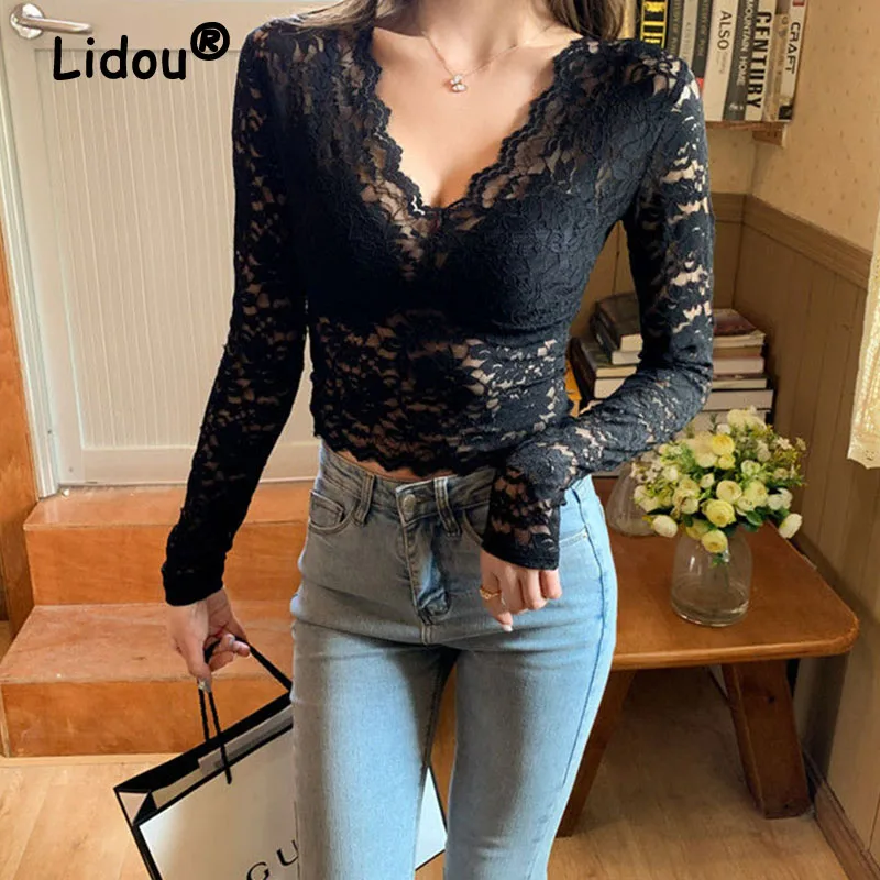 New Girl Club Nightclub Style Sexy Crop Top Long Sleeves Deep V Neck Babes T-Shirt Women Mesh Lace High Waist Fashion Short Tops