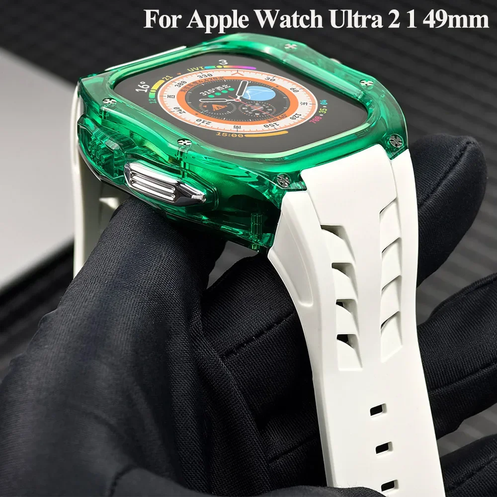 Modification Kit Sport Rubber Strap for Apple Watch Ultra2 49mm Clear Case Rubber Correa for IWatch 9 49mm Bracelet  Accessories