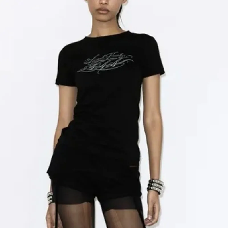 Gothic Y2K Harajuku Women Cross Mesh Lace Stitching Design T-shirt Fashionable Letter Print Short Sleeve Slim Fitted Casual Tops