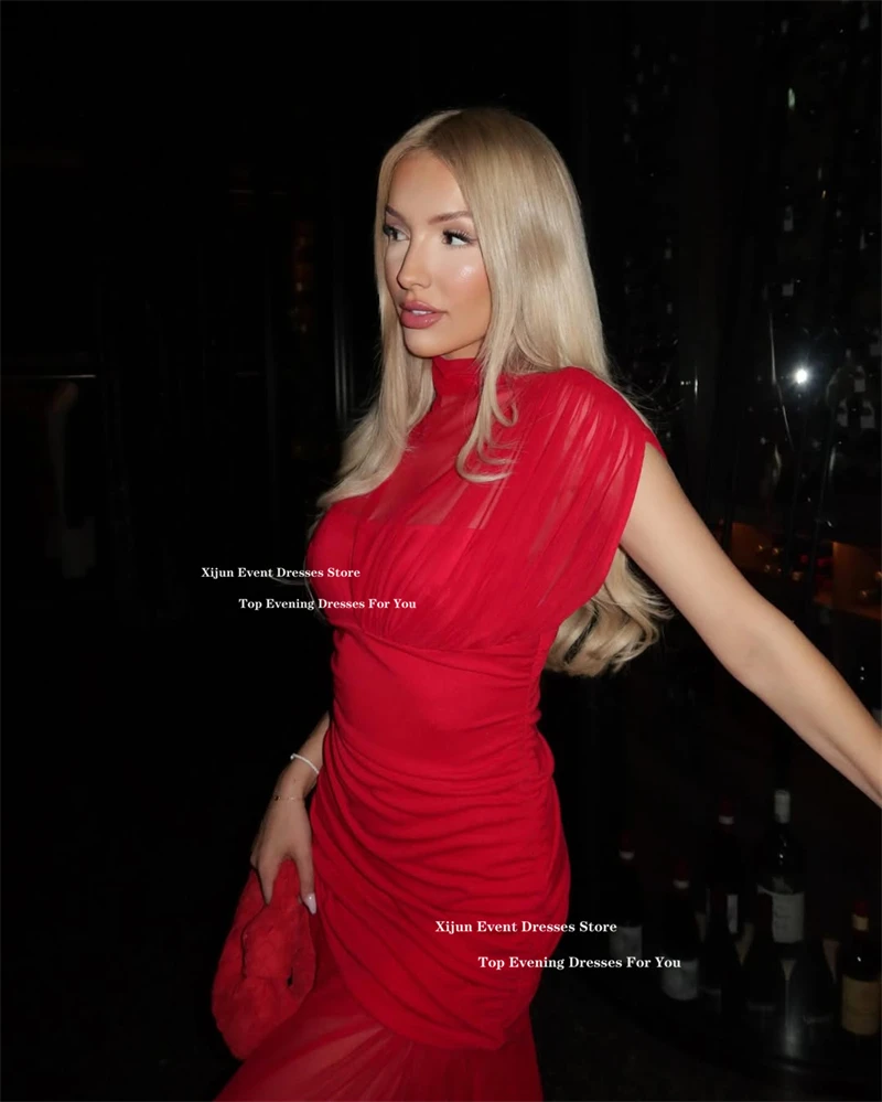 Xijun Sexy Red Chiffon Long Evening Dresses Sleeveless Mermaid Birthday Party Dresses Pleated High Collar Prom Gowns Customize - Image 5