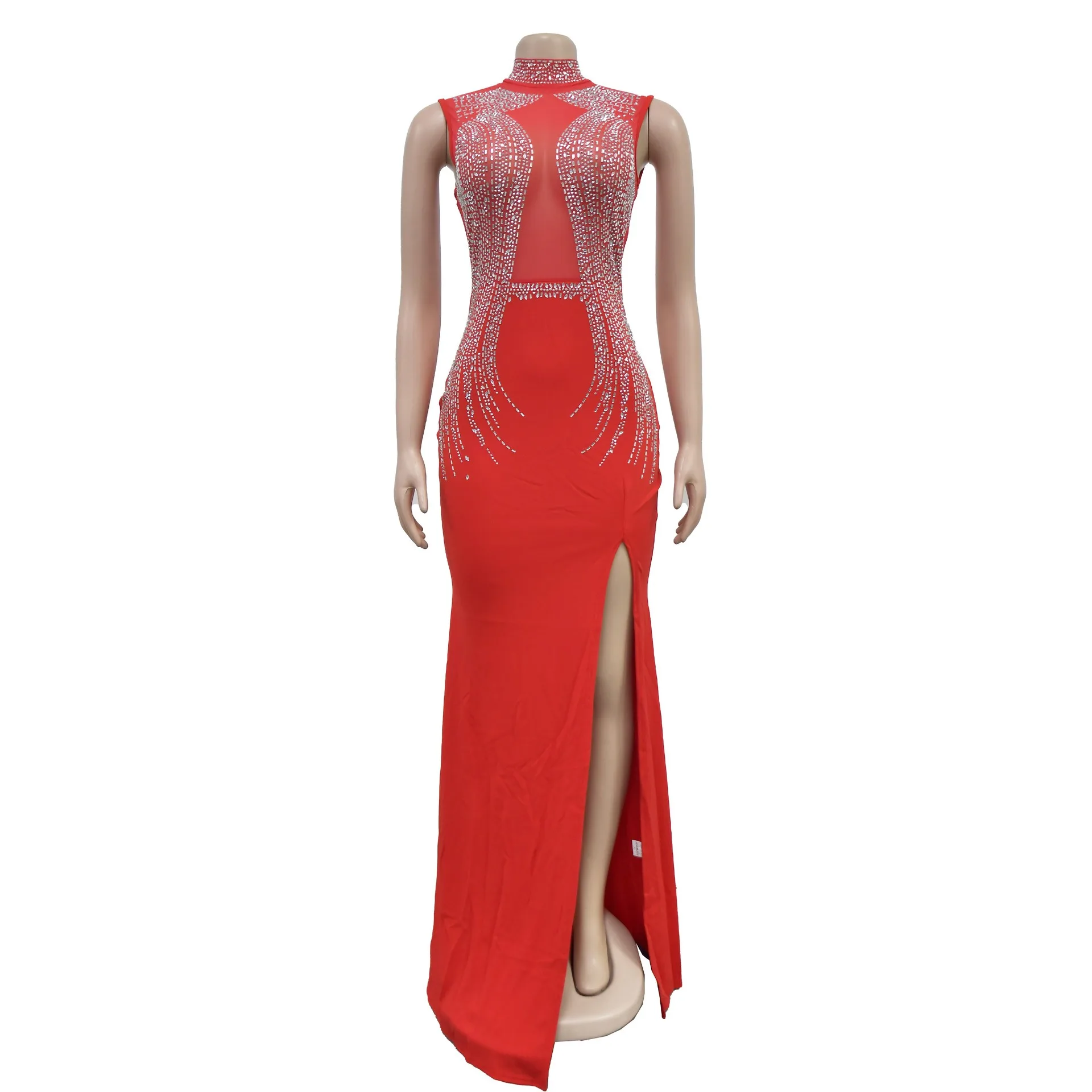

Sexy Party Party Club Nightclub Banquet Pure Color Mesh Hot Drilling Split Long Dresses