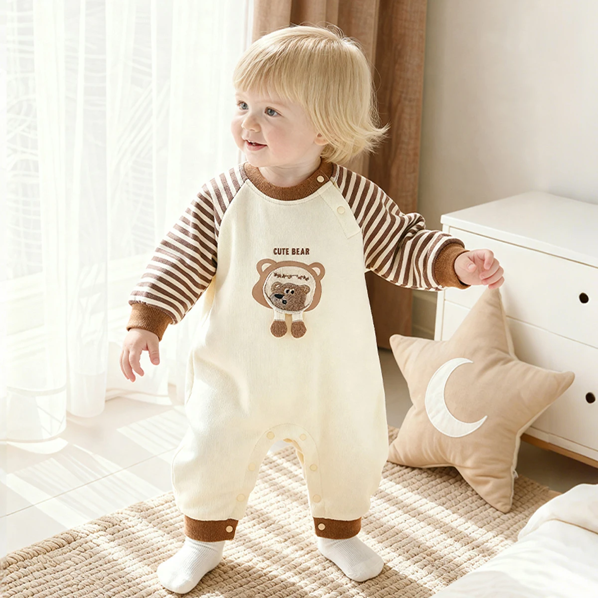 

Детские комбинезоны UNITIM для маленьких мальчиков, полосатые комбинезоны с аппликацией в виде медведя для новорожденных мальчиков, весенне-осенние цельные комбинезоны для маленьких мальчиков, комбинезон