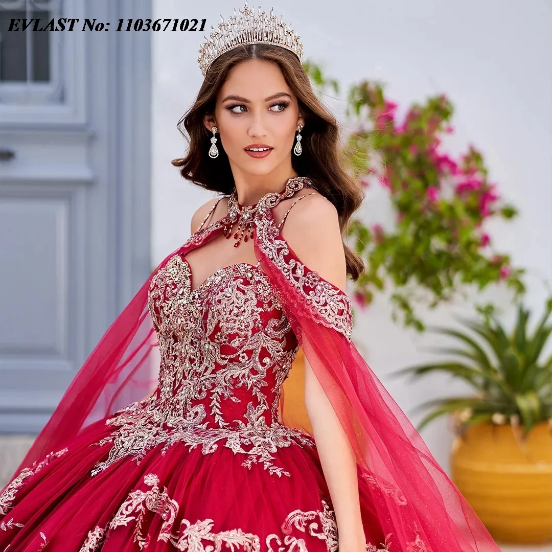 EVLAST мексиканское темно-синее платье Quinceanera бальное платье серебряная Кружевная аппликация из бисера с накидкой милое 16 Vestido De 15 лет SQ256