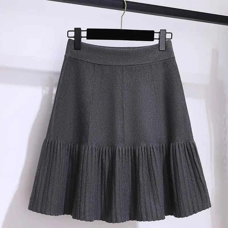 Autumn Winter All-match Preppy Style Solid Color Elastic Waist Pleated Skirt Femme Casual Korean Knitting High Waist Skirts
