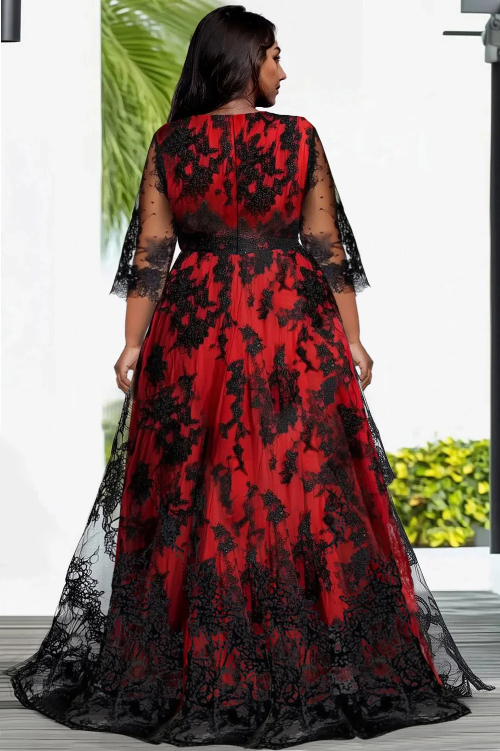 Plus Size Cocktail Party Red V Neck Flare Half Sleeve See Through Asymmetric Hem Lace Maxi Dresses