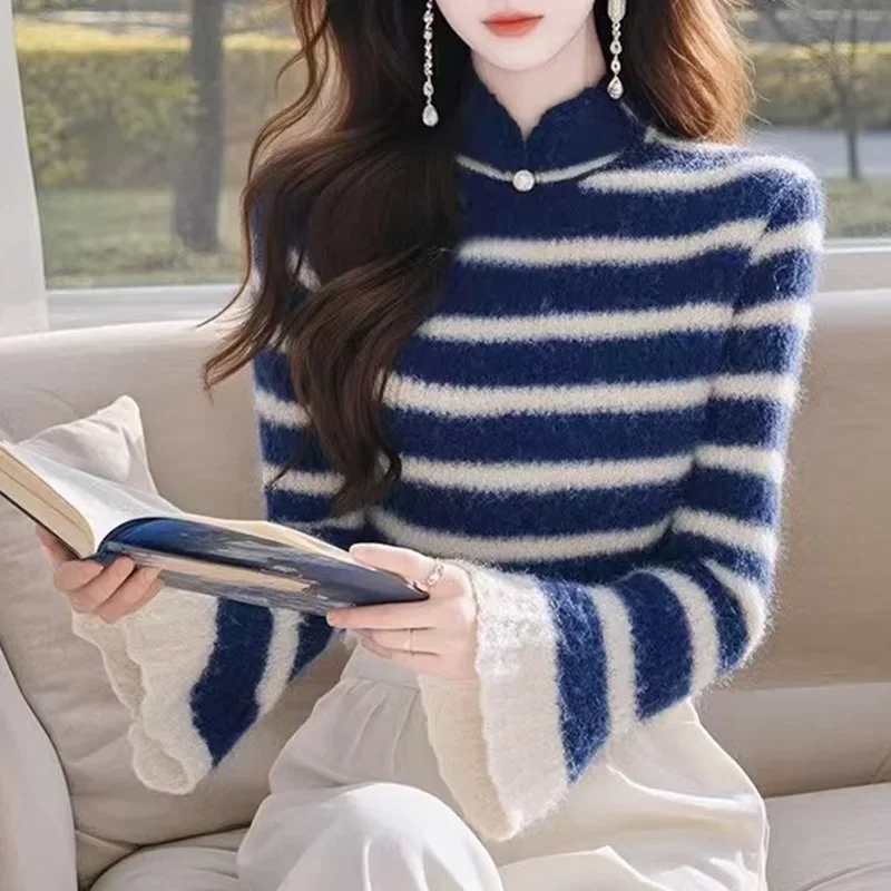 Office Lady Elegant Fashion Comfortable Knited Pullovers Autumn Winter Women Sweaters Striped Commute Slim Top Knitwear