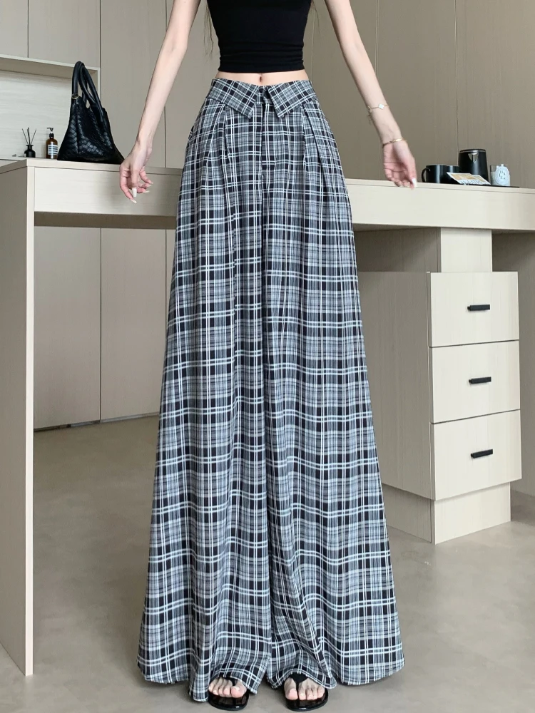 

Retro plaid wide leg pants women in summer thin design high waist hanging feeling loose and lazy style casual suit pants