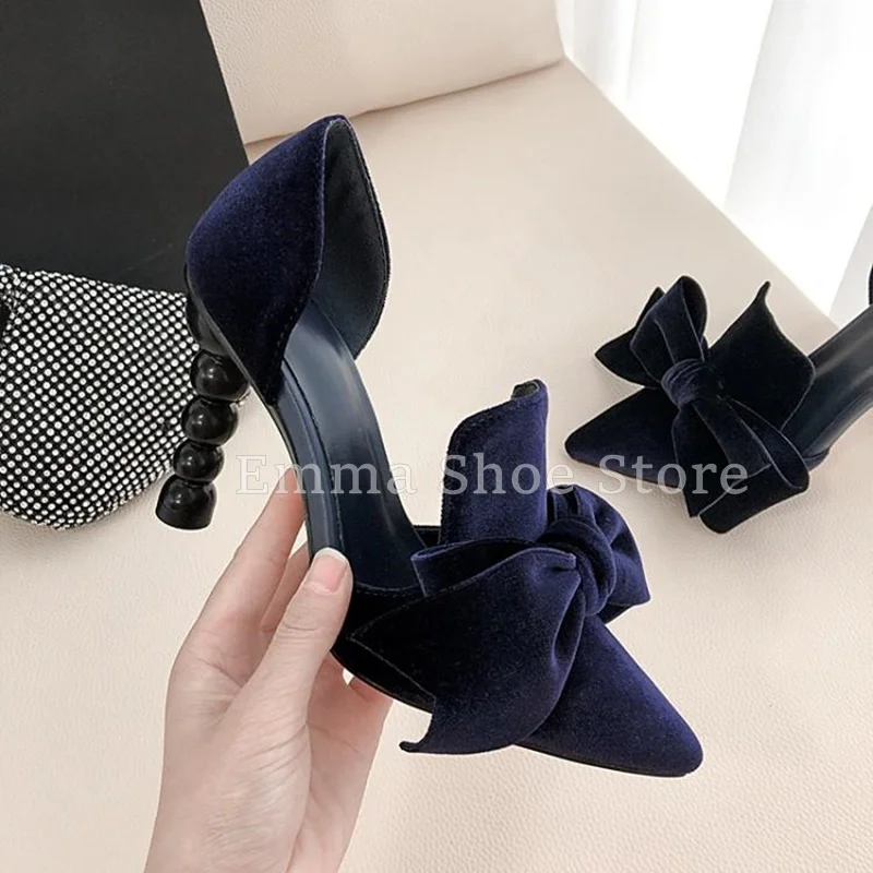 

Women's Pointed Toe Navy Blue Velvet Sandals Summer Versatile Bowtie Stiletto Heel Pumps Elegant Party Ladies Wedding Shoes