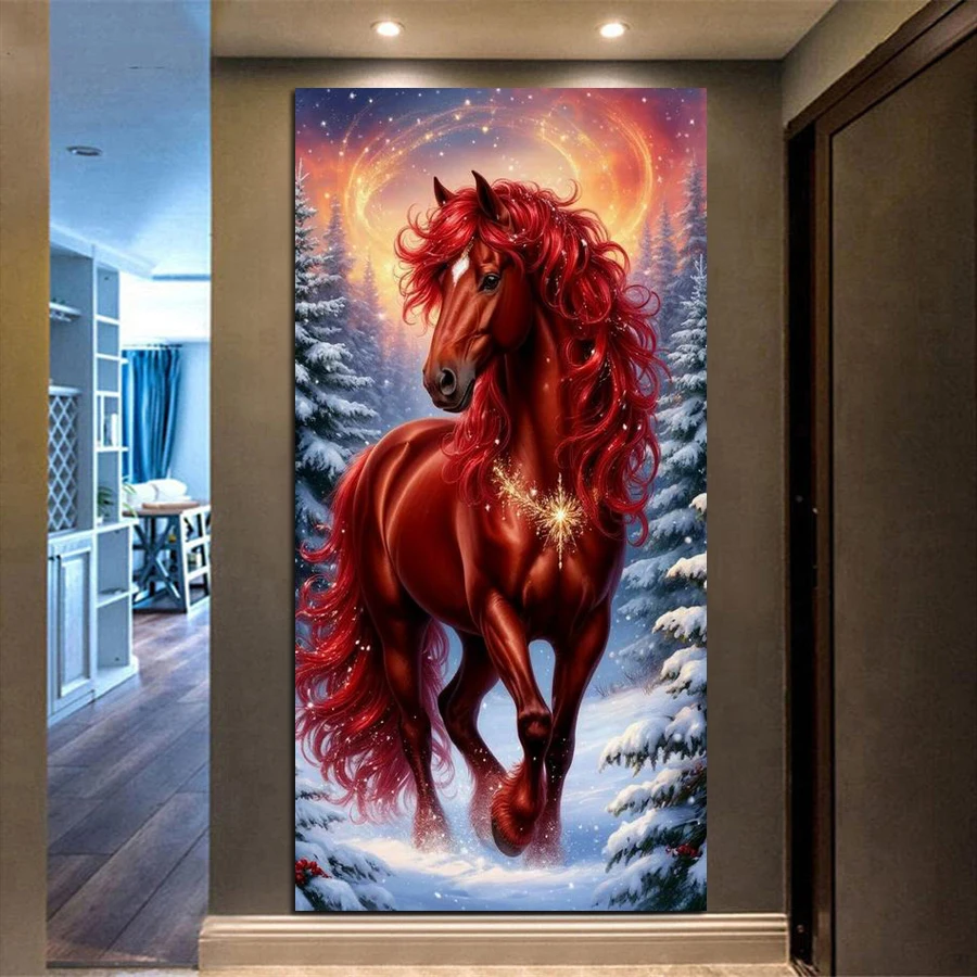 

Fullcang Red Horse Large Size Diy Diamond Painting Kits Winter Scenery Snow Full Square Round Drill Mosaic Embroidery Picture