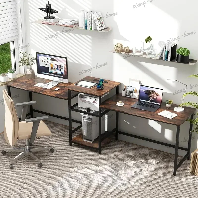 LD High Quality 97‑Inch Metal 2‑Person Desk, Extra‑Long Home Office Workstation with Power Outlet & Printer Stand,