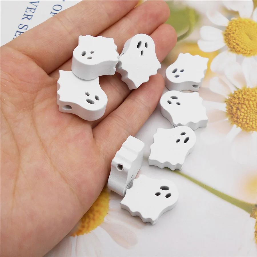 Julie Wang 10PCS White Wooden Halloween Ghost Beads Natural Wood Spacer Bead For Necklace Bracelet Jewelry Making Accessory