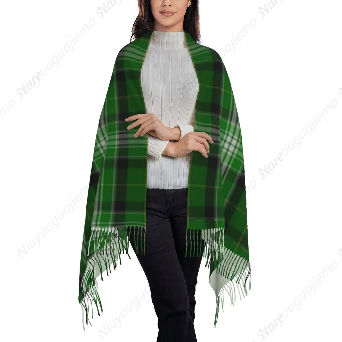 Green And White Scottish Tartan Flannel Plaid Scarf Tassel Scarves Women Soft Warm Shawls and Wraps Long Fall Winter Shawl Wrap