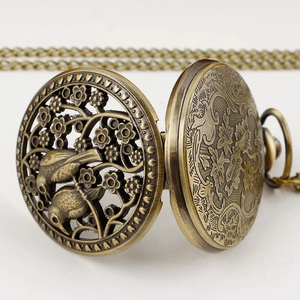 鳥の3D彫刻模様ブロンズ中空チェーンウォッチヴィンテージデジタルスチームパンク懐中時計メンズ時計、フォブチェーン付きギフト