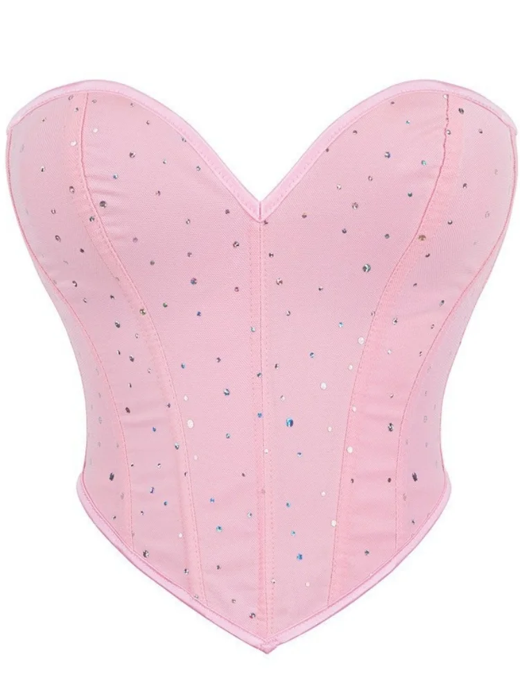Hellrosa trägerloses Korsett-Top mit Strass für Damen, Schnür-Bustier mit Taillenbund für Party & Clubwear