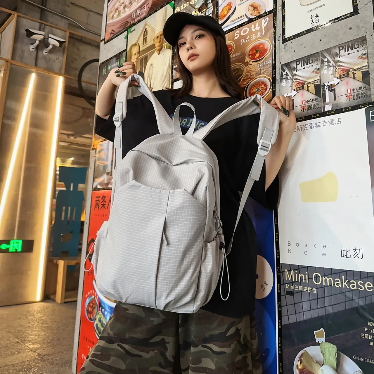 Unisex Nylon Backpack Casual Hiking Daypack with Ripstop Texture Side Drawstring Pockets Lightweight Neon School Travel Rucksack
