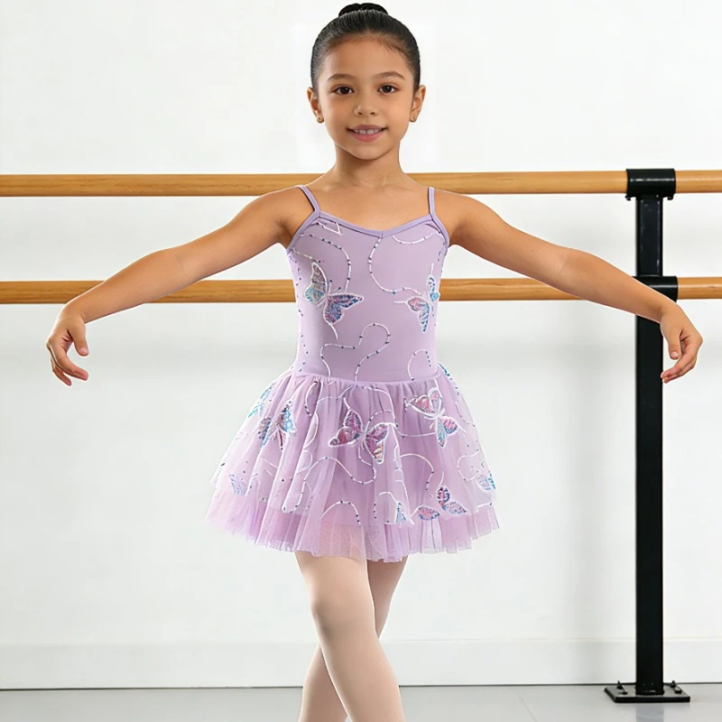 

Girls Ballet Leotard Dress Sequin Butterfly Embroidery Tutu Tulle Fabric Stage Performance Dance Kids Size One-Piece Costume