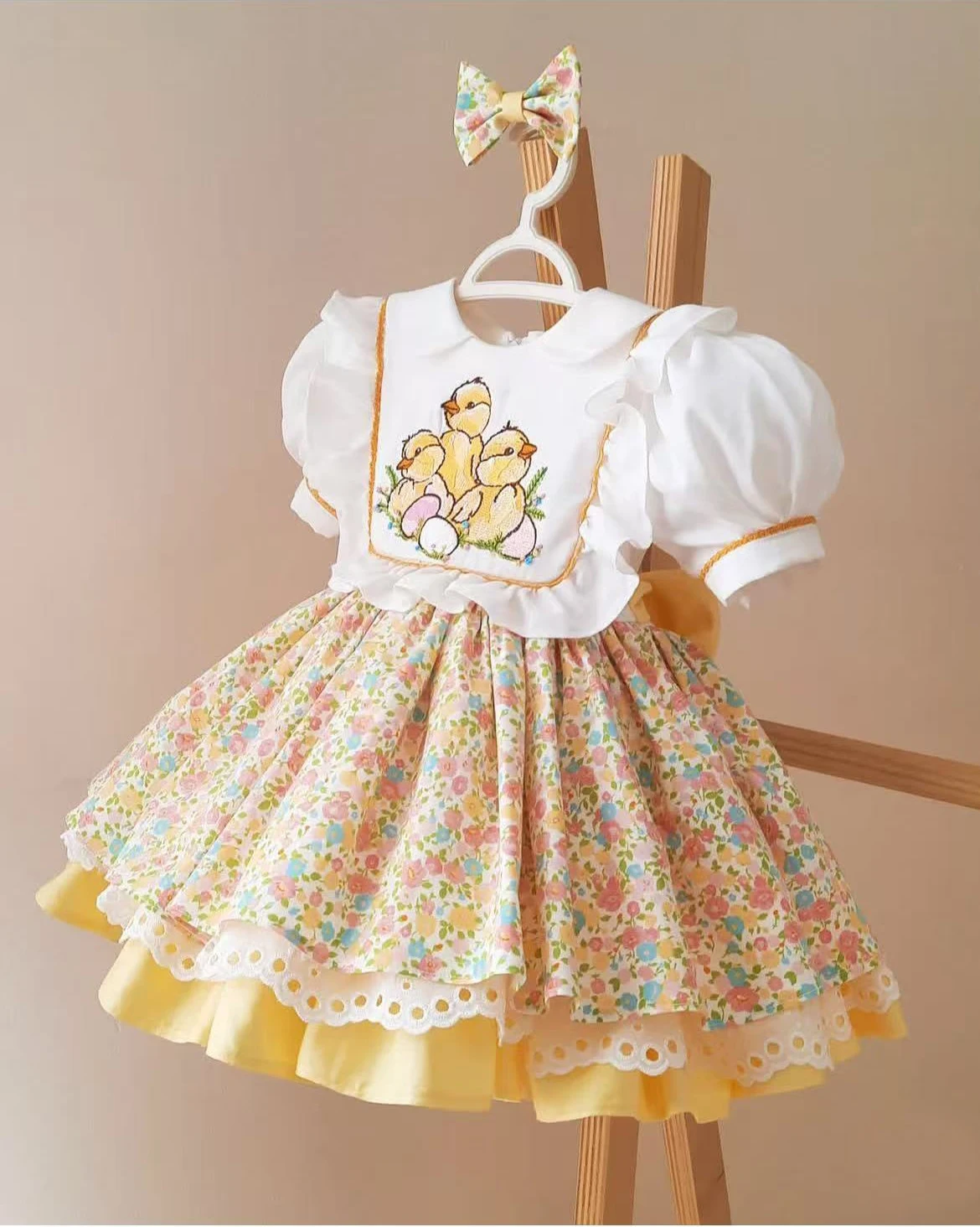 0-12Y Girl Summer Yellow Floral Chicken Embroidery Turkish Vintage Lolita Princess Ball Gown Dress for Birthday Holiday Eid