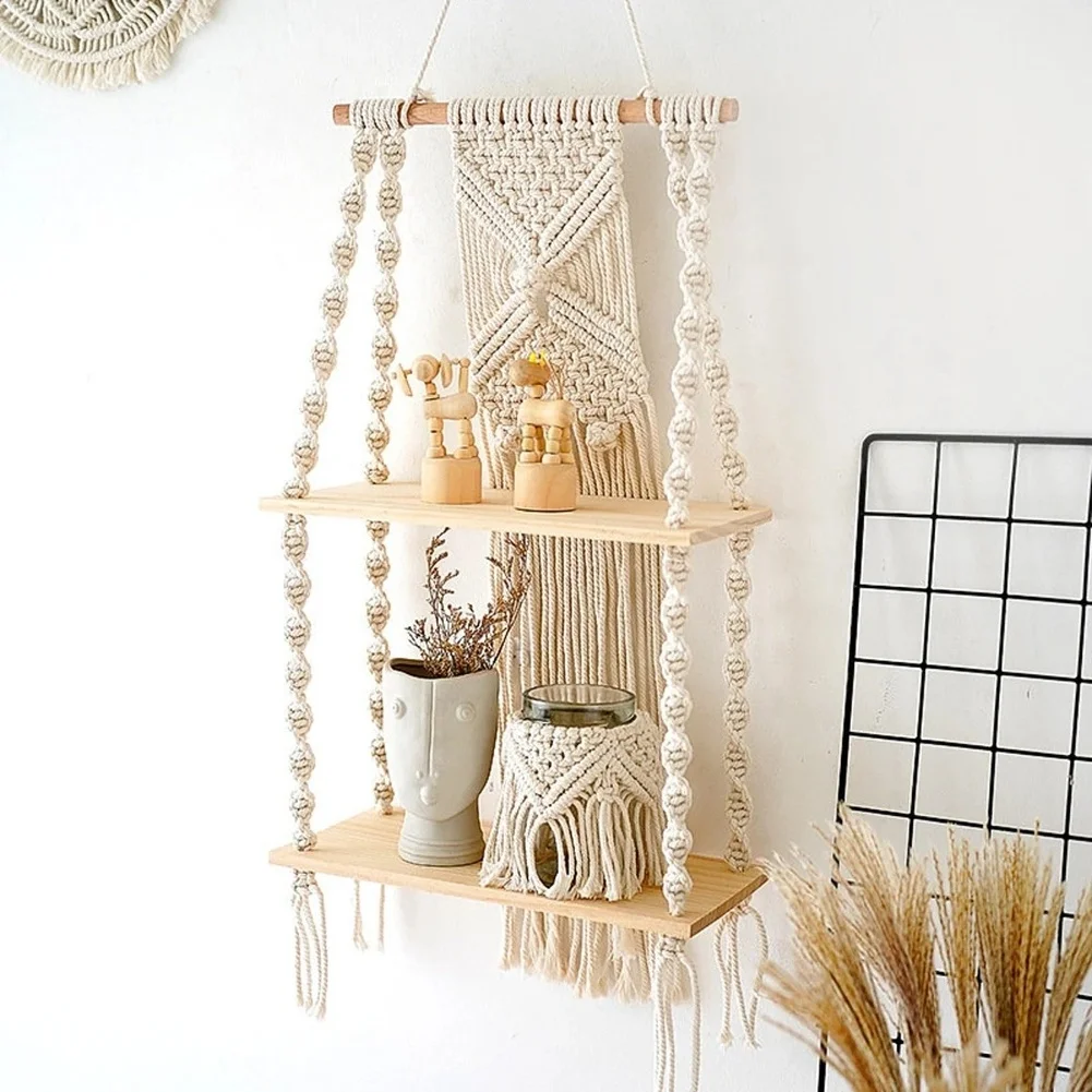 2 Tier Wall Mounted Floating Shelf Hand Woven Bohemian Cotton Wood Shelf for Home Living Room Bedroom Plant Display Rack
