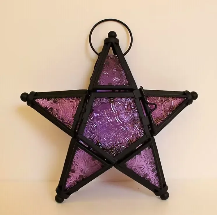 Nordic Retro Iron Art Colored Glass Wind Lamp Windproof Glass Candle Holder Hanging Five Pointed Star Candlestick Garden Decor