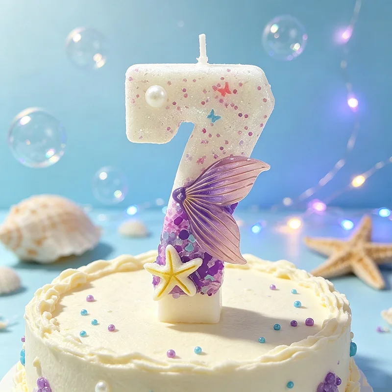 0-9 New Mermaid Tail Digital Candle Purple Sequined Anniversary Candle Birthday Party Cake