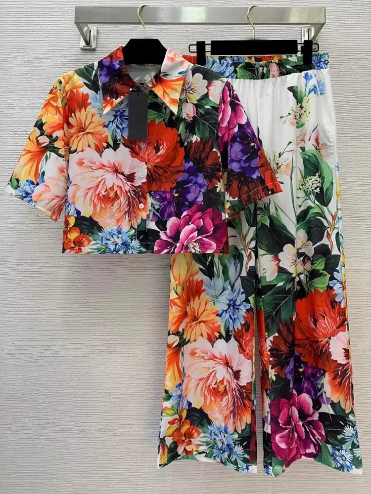 

Ретро летняя новая однобортная рубашка с короткими рукавами и лацканами, повседневные брюки с эластичной резинкой на талии, модный женский костюм из двух предметов с принтом