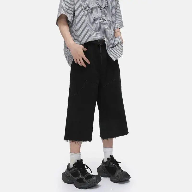 

Simple 2025 Summer Men's Jeans Washing Wide Leg Raw Edge Trousers New Straight-leg Solid Color Loose Male Denim Shorts