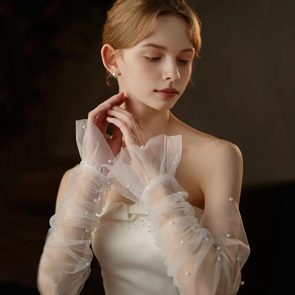 Свадебные перчатки Элегантные кружевные нарукавники с декором из искусственного жемчуга и складками с рюшами для выпускного вечера, свадебных выступлений, сетчатые свадебные перчатки