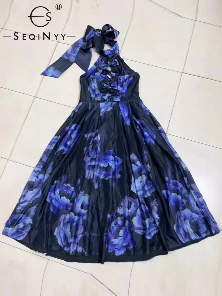 SEQINYY-Robe Midi Élégante pour Femme, Nouveau Design de Mode, Décontracté, Vintage, Bleu, Imprimé Floral, Nministériels d Amissié, Printemps Été