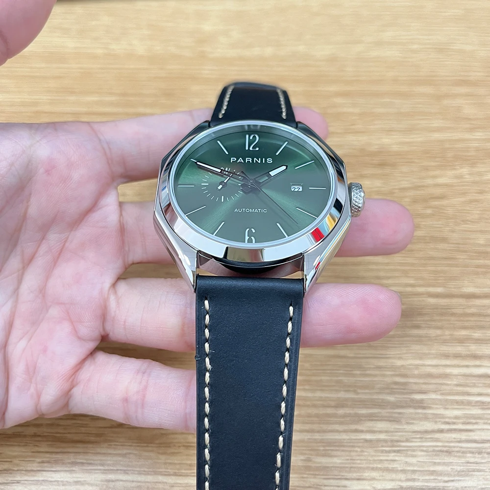 New Arrival Parnis 43mm Green Dial Automatic Mechanical Men Watches Leather Strap Sapphire Crystal Watch For Men reloj hombre