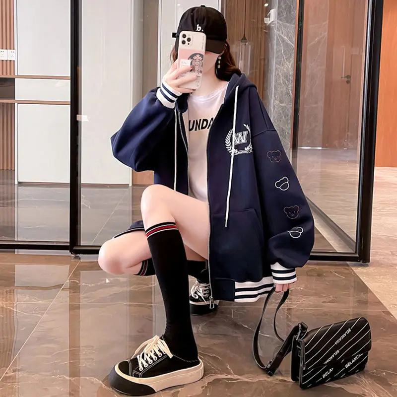 Preppy Style Zip Up Hoodies Women Kawaii Cartoon Bear Print Long Sleeve Hooded Sweatshirt Y2k Zipper Cardigan Baseball Suit Coat