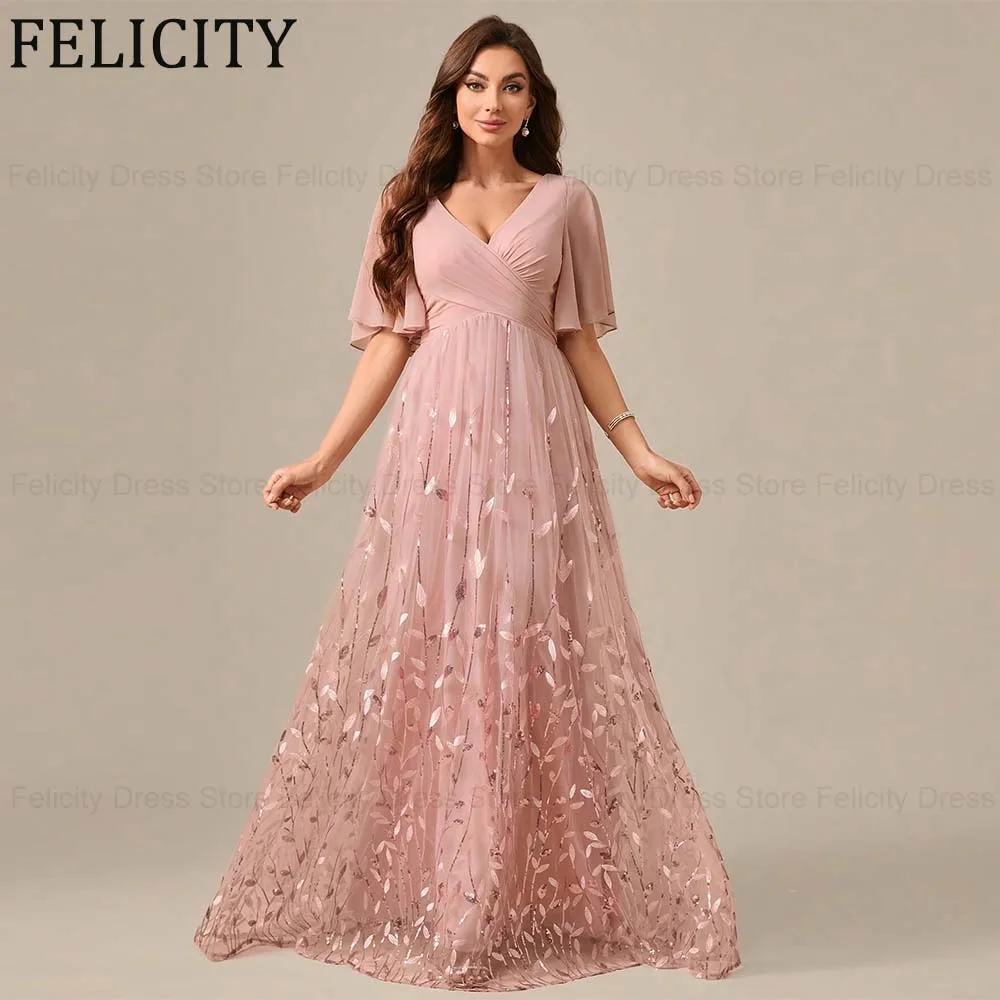 

FELICITY Customized Luxury Mother of the Bride Dress 2026 A-Line V-Neck Appliques Sequin Wedding Guest Party Dress Evening Gowns