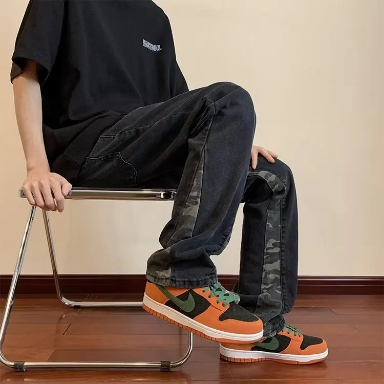 

Осенне-зимние мужские джинсы большого размера 300 Pou с камуфляжными вставками, свободные, широкие, прямые, в американском стиле, трендовые