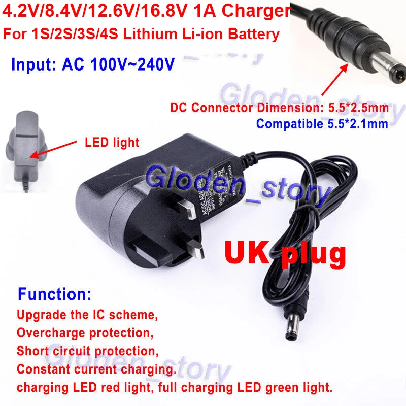 UK Plug AC-DC Converter 4.2V 8.4V 12.6V 16.8V 1A Charger Power Adapter for 1S 2S 3S 4S 18650 Lithium Ion Battery Li-ion LiPo