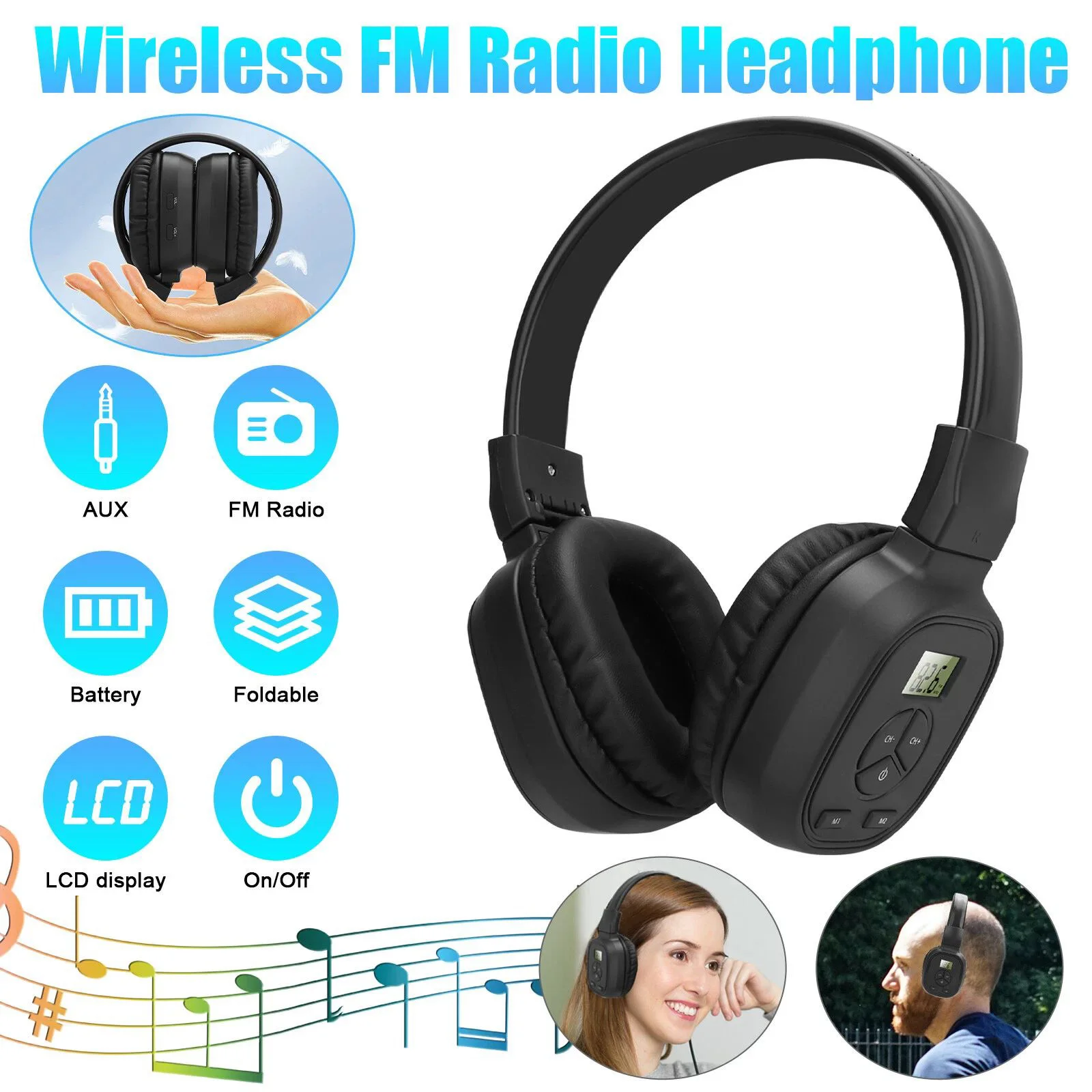 Portable FM Radio Headphones with Auto Scan Store 2 Preset, Support AUX 50-108MHz Headset for Outdoor Jogging Home Travel