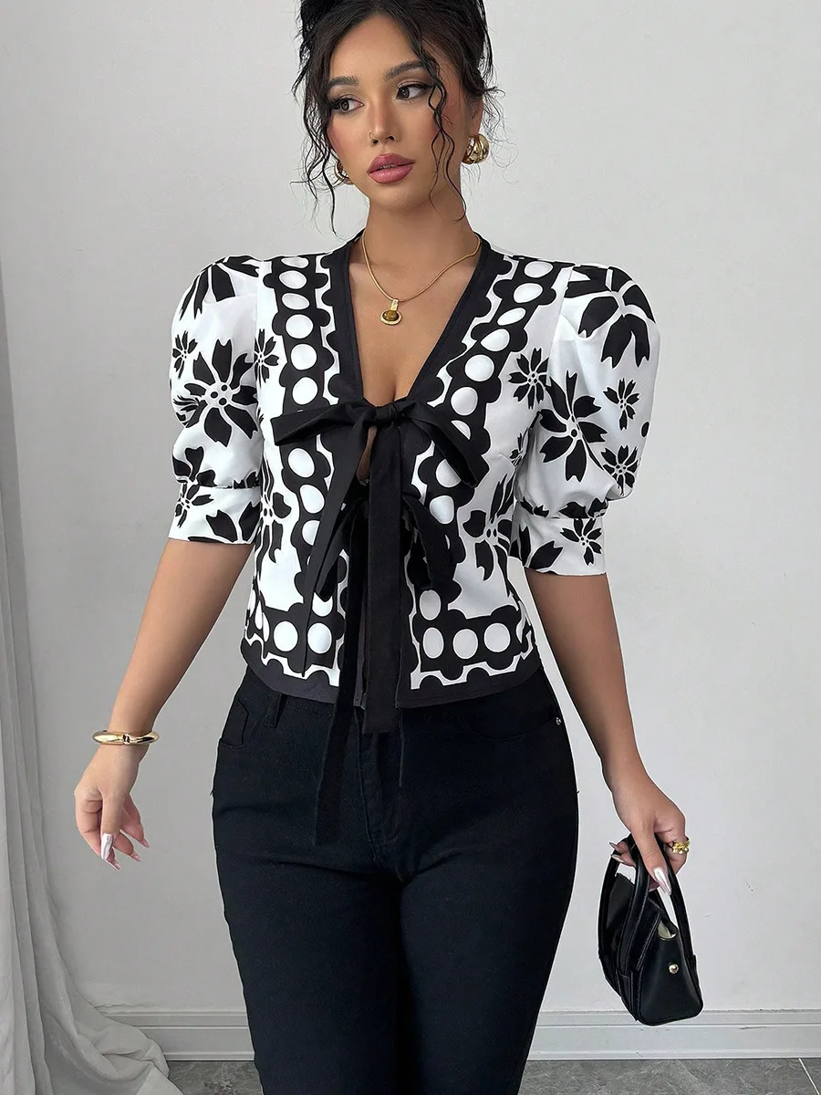 

2026 French-style patterned lantern sleeve cardigan for women's short-sleeved shirt