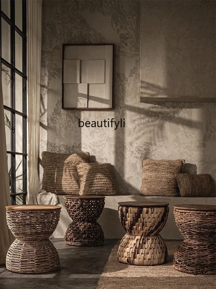 Q181 Imported Hand-Woven Rattan Small Stool Old Teak Solid Wood Dining Stool Small Coffee Table  round Stool Southeast Asian Sty