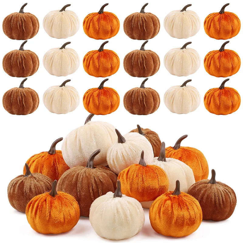9PCS/SET Halloween Artificial Pumpkin Velvet Foam Pumpkin Model Fall Thanksgiving Pumpkin Decor Halloween Party Table Decoration