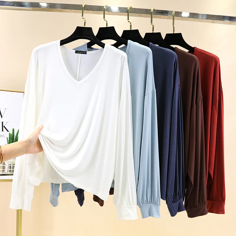 

Autumn Long Sleeve T Shirt Women White Plain Oversized Soft V-neck TShirt Korean Large Sizes Loose Tee Ladies Cotton Tops Spring