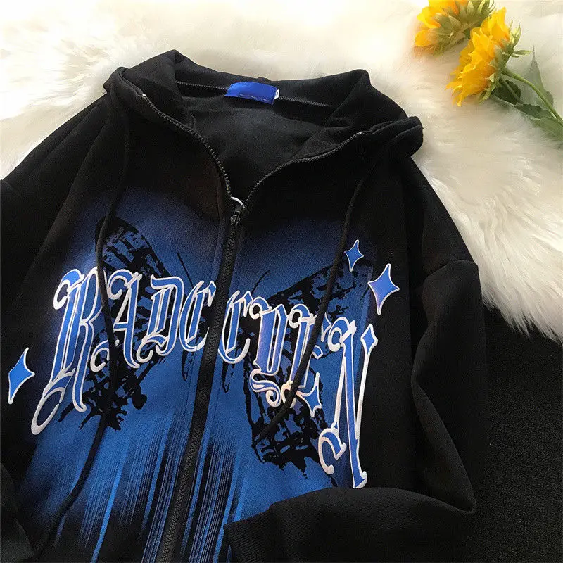 

Retro Hip Hop Zip Up Butterfly Letter Print Hoodies Women High Street Hoodie Loose Casual Goth Sweatshirt Hoodie Clothes Tops