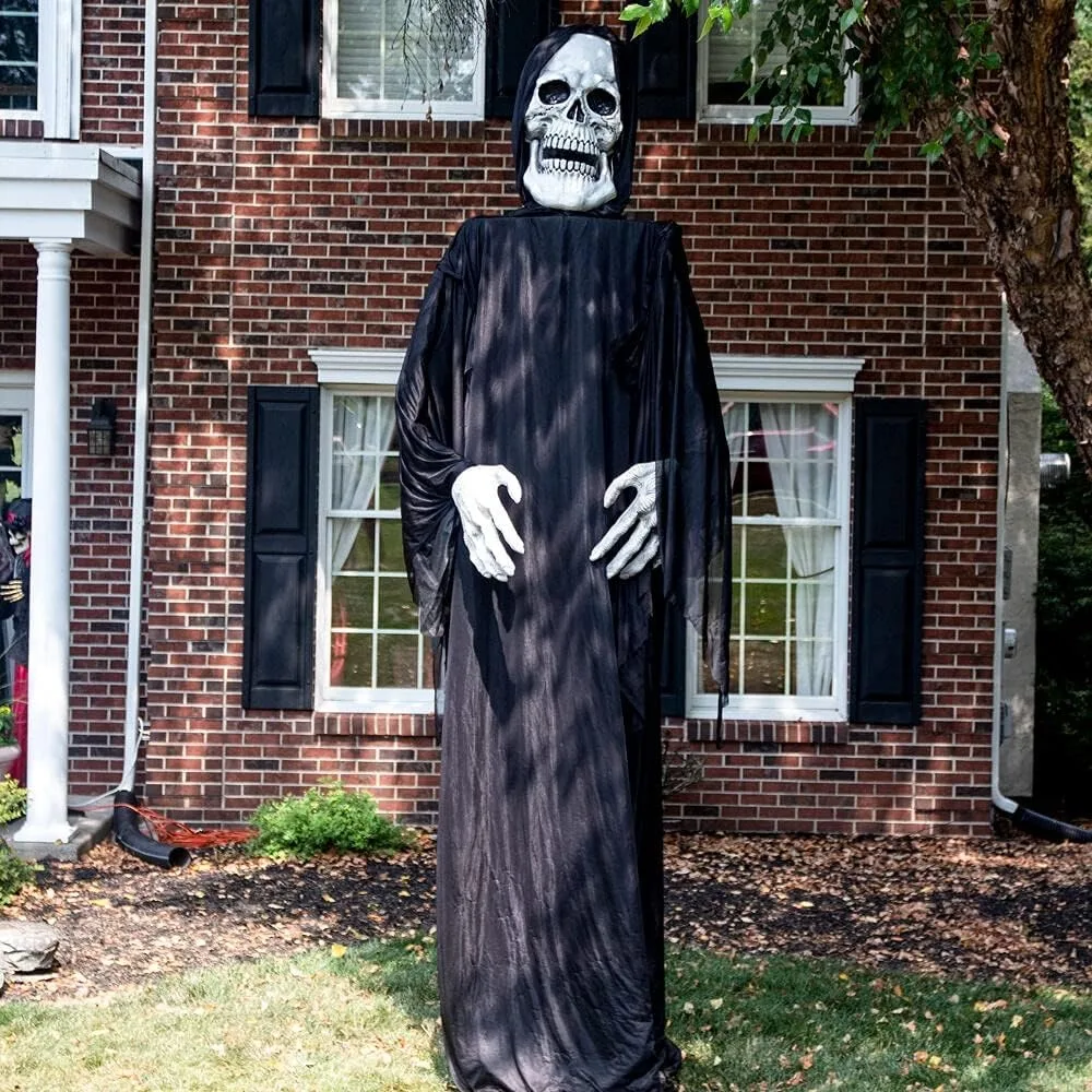 12 ft. Giant Talking Halloween Reaper, Dressed in Black Cloak & Hood with 4 Voice Greetings，Touch Activated and Battery-Operated